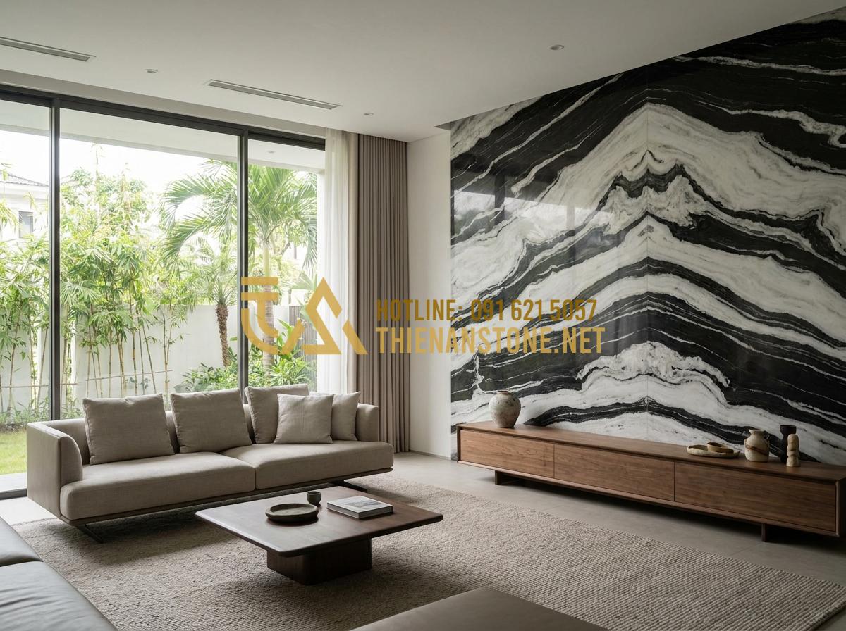 Top 5 địa chỉ bán đá Tuyết Sơn uy tín tại Hà Nội và TP.HCM - Modern interior use of Snow Mountain stone as wall cladding in luxury living roo