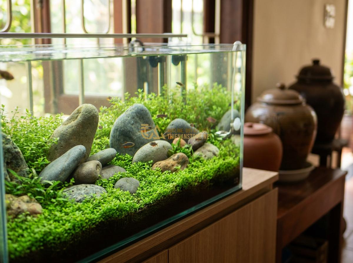 Top 5+ Layout Đá Cuội Đẹp Cho Bể Thủy Sinh Được Ưa Chuộng Nhất - Detailed shot of pebble stone layout integrated with thick foreground plant carp