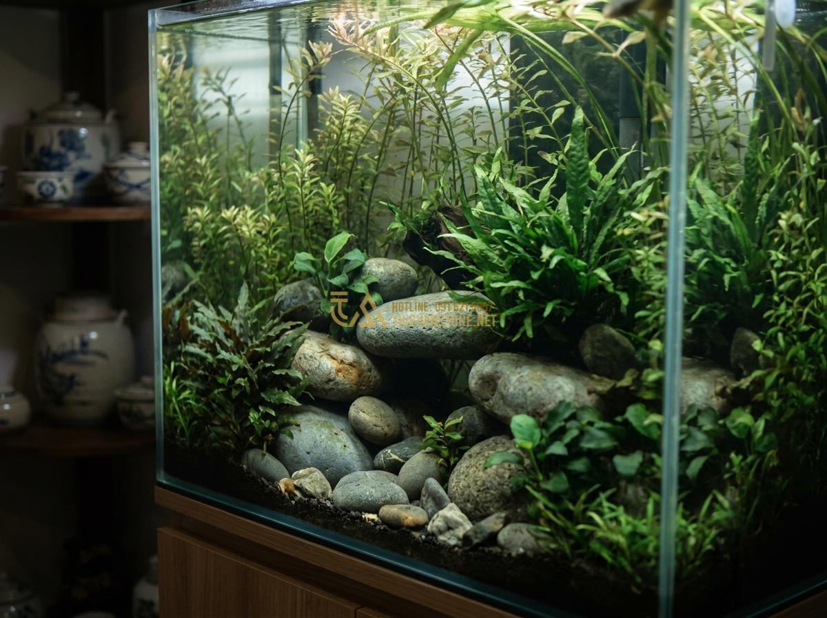 Top 5+ Layout Đá Cuội Đẹp Cho Bể Thủy Sinh Được Ưa Chuộng Nhất - Jungle style aquascape featuring large river pebbles as base structure surrounde
