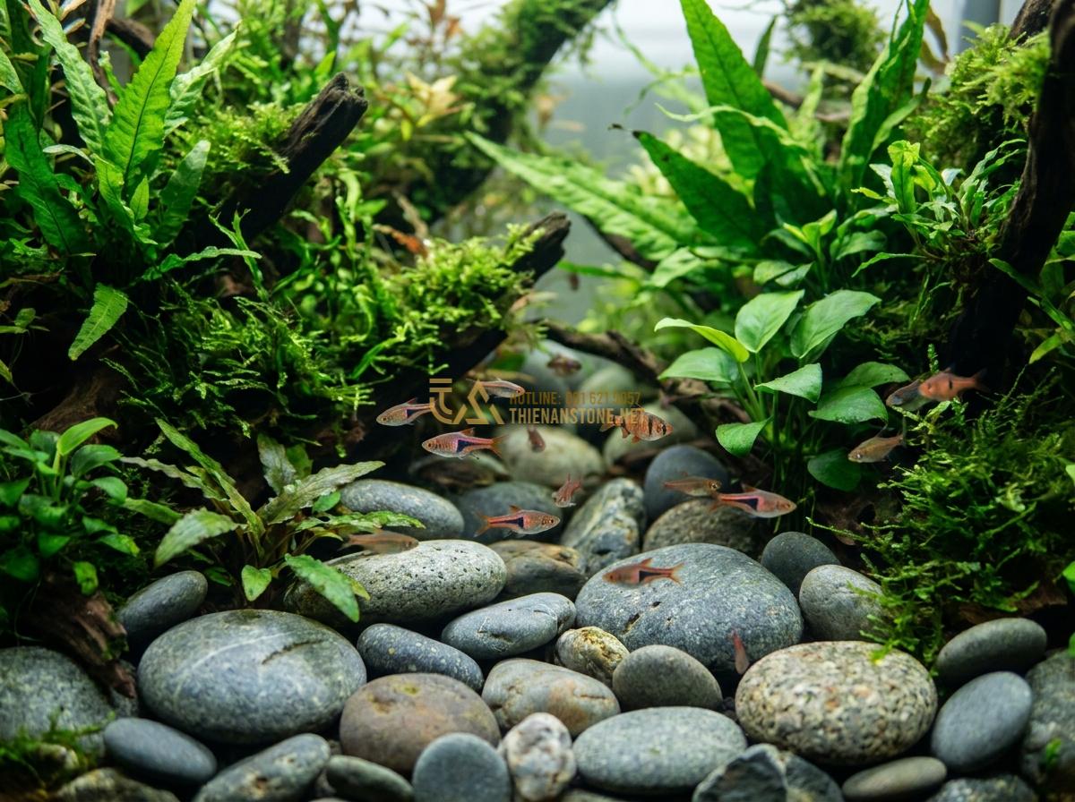 Top 5+ Layout Đá Cuội Đẹp Cho Bể Thủy Sinh Được Ưa Chuộng Nhất - Close perspective of jungle pebble layout with vibrant plant overgrowth and acti