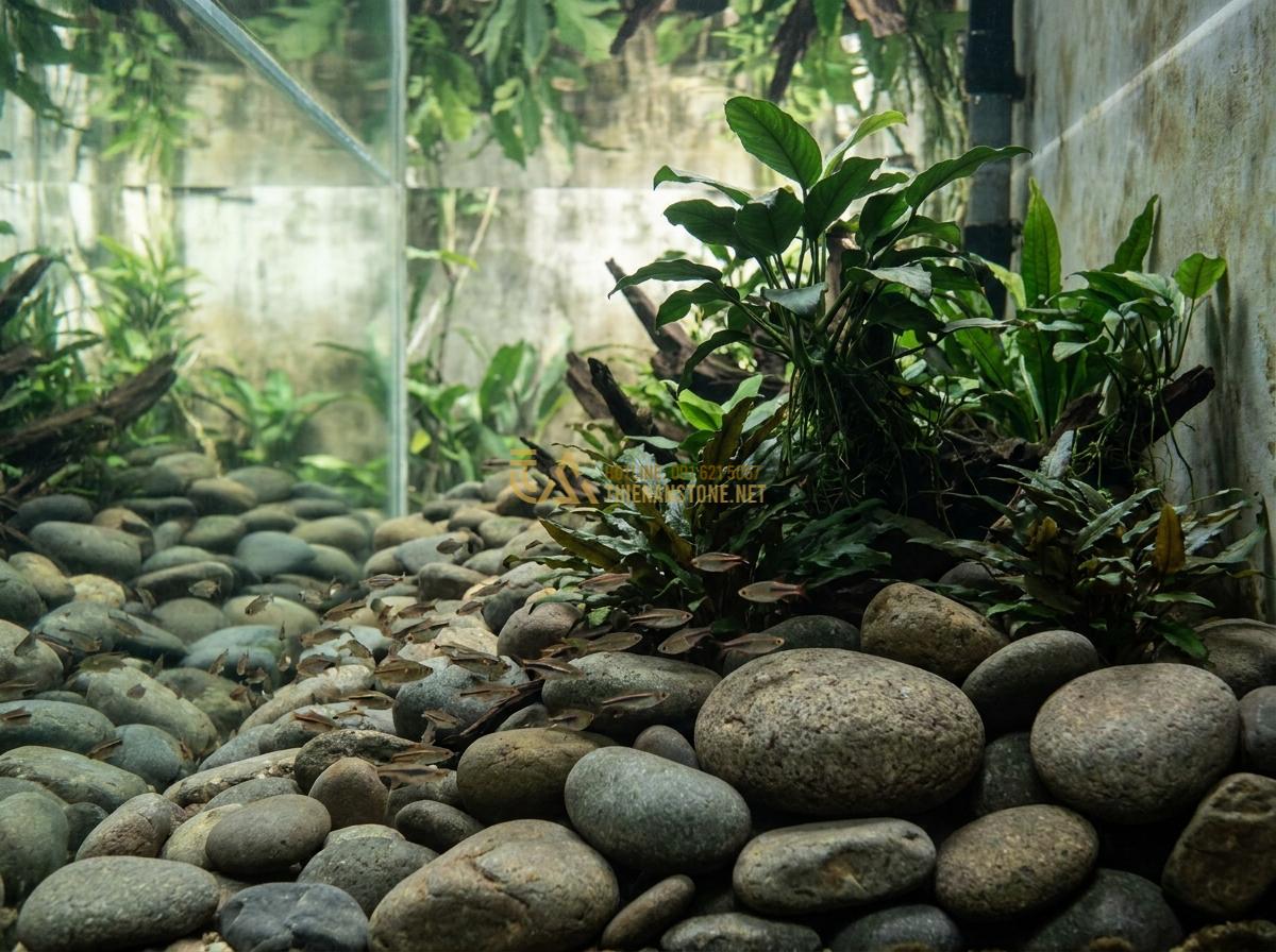 Top 5+ Layout Đá Cuội Đẹp Cho Bể Thủy Sinh Được Ưa Chuộng Nhất - Panoramic image of massive pebble stone layout in big aquarium with powerful vis
