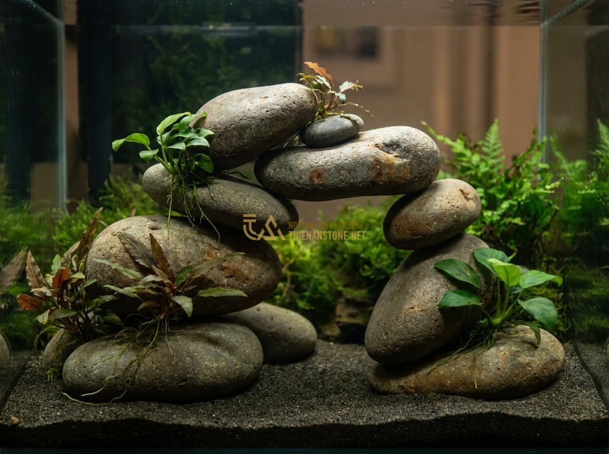 Top 5+ Layout Đá Cuội Đẹp Cho Bể Thủy Sinh Được Ưa Chuộng Nhất - Innovative alternative river stone layout showcasing artistic stone stacking and