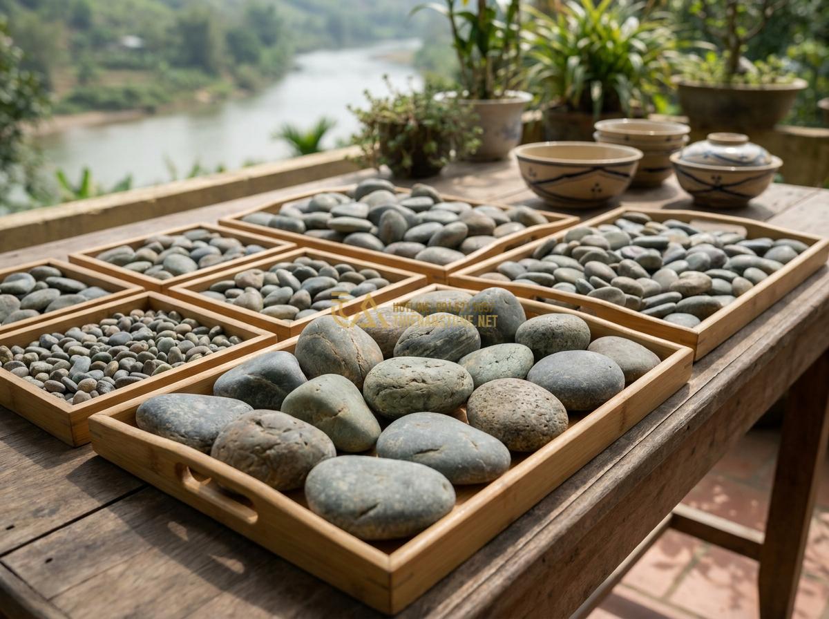 Top 5+ Layout Đá Cuội Đẹp Cho Bể Thủy Sinh Được Ưa Chuộng Nhất - Selection guide image showing various types of clean river pebbles sorted by siz
