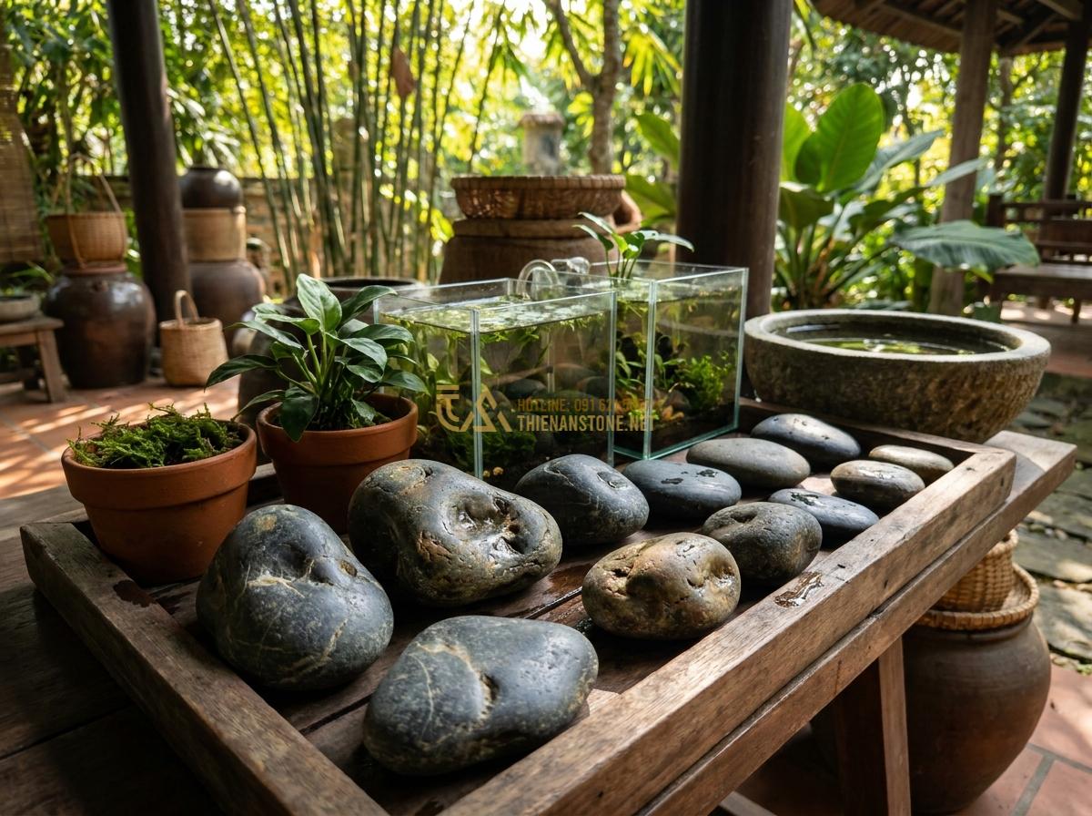 Top 5+ Layout Đá Cuội Đẹp Cho Bể Thủy Sinh Được Ưa Chuộng Nhất - Variety of polished and natural river pebbles displayed for aquascape projects h