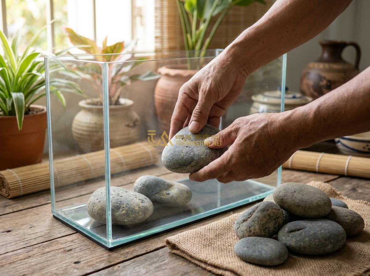 Top 5+ Layout Đá Cuội Đẹp Cho Bể Thủy Sinh Được Ưa Chuộng Nhất - Step-by-step aquascaping process photo showing hands arranging river pebbles in