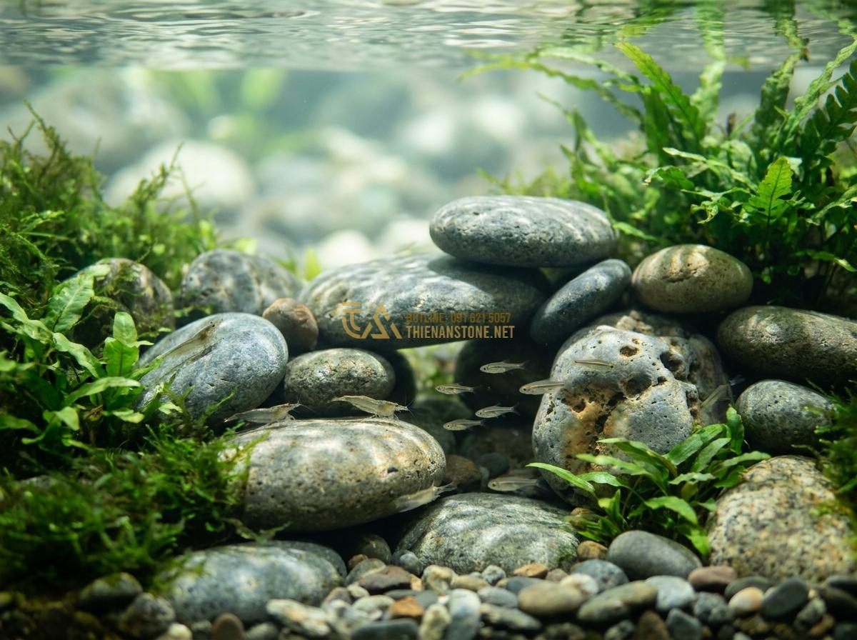 Top 5+ Layout Đá Cuội Đẹp Cho Bể Thủy Sinh Được Ưa Chuộng Nhất - Underwater scene of a thriving aquascape with river pebbles providing shelter fo