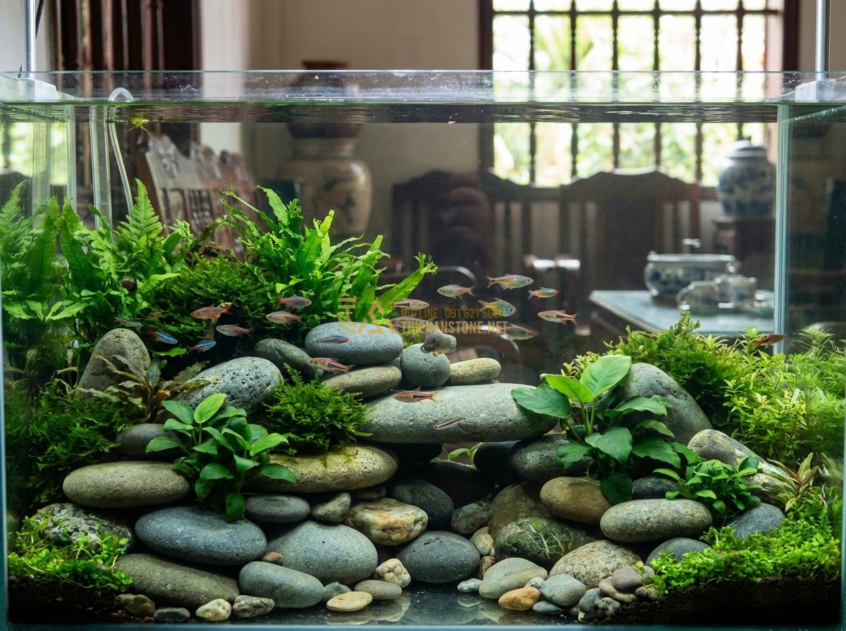 Top 5+ Layout Đá Cuội Đẹp Cho Bể Thủy Sinh Được Ưa Chuộng Nhất - Wide angle shot of a complete freshwater aquarium featuring beautiful pebble sto