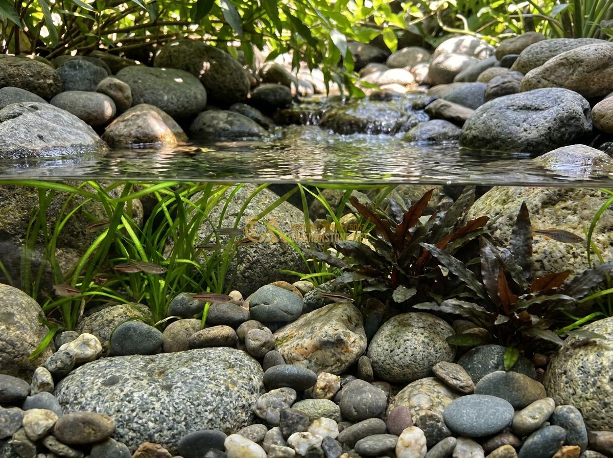 Top 5+ Layout Đá Cuội Đẹp Cho Bể Thủy Sinh Được Ưa Chuộng Nhất - Realistic biotop aquascape replicating a natural stream using mixed size river p