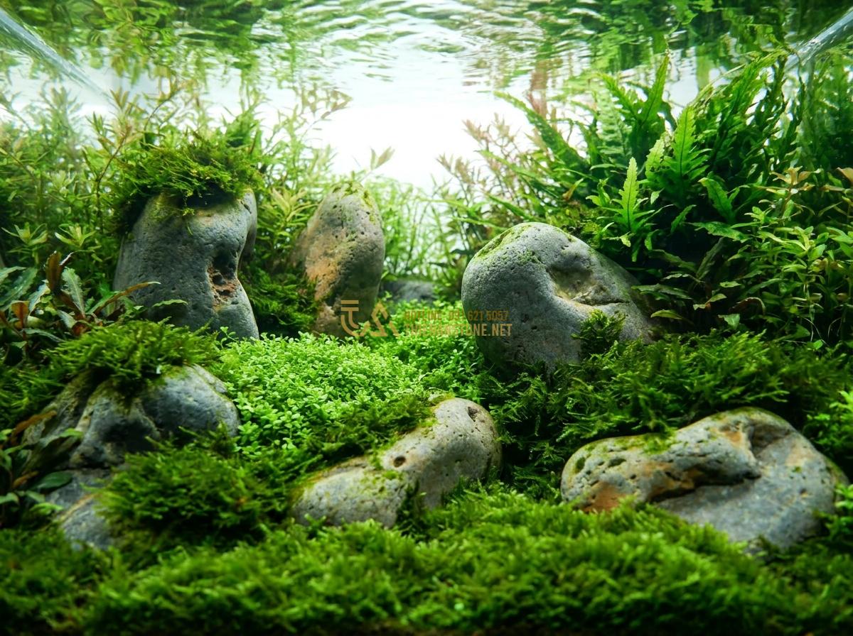 Top 5+ Layout Đá Cuội Đẹp Cho Bể Thủy Sinh Được Ưa Chuộng Nhất - Vibrant aquascape with river pebbles partially covered by dense green carpet pla