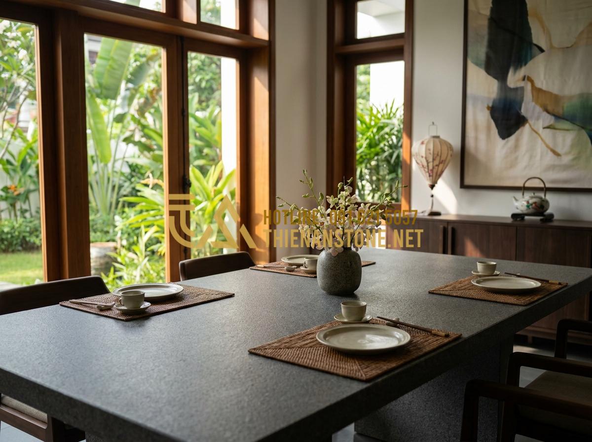 Top 5 Loại Đá Thạch Anh Làm Mặt Bàn Ăn Chống Trầy Xước Tốt Nhất - Tạo ảnh tiếng Anh: A high-end luxury dining room featuring a stunning quartz sto
