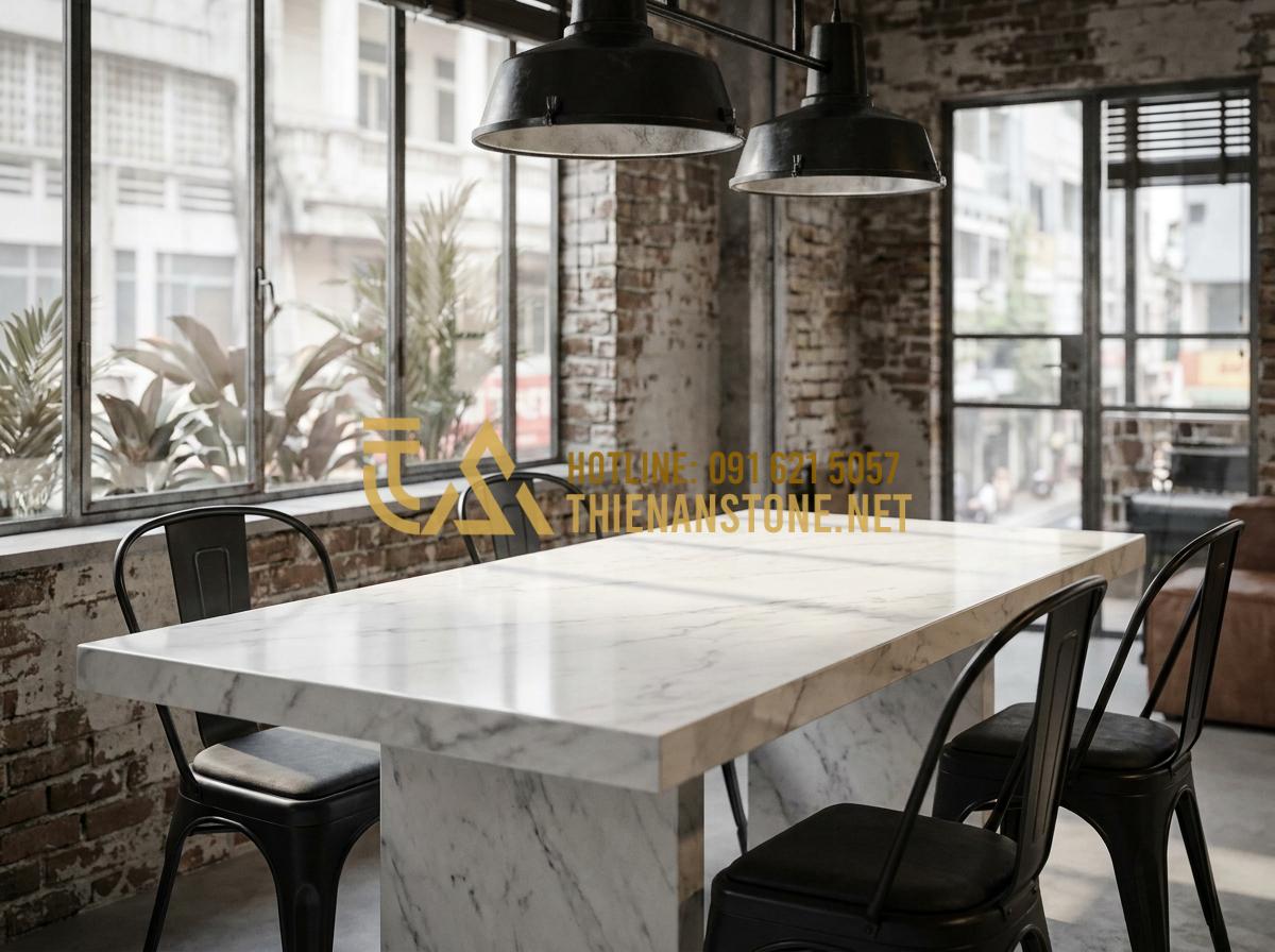 Top 5 Loại Đá Thạch Anh Làm Mặt Bàn Ăn Chống Trầy Xước Tốt Nhất - Tạo ảnh tiếng Anh: A modern industrial-style dining area with a grey concrete-te