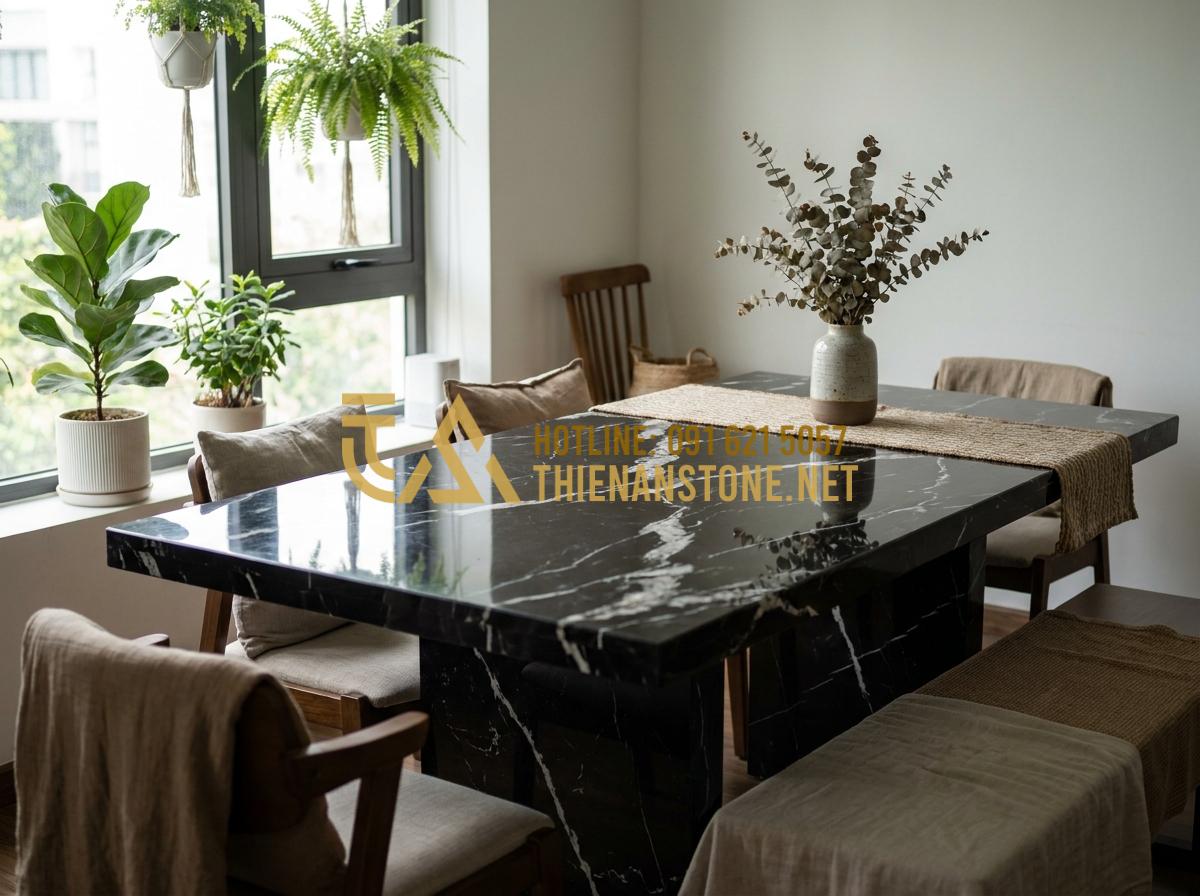 Top 5 Loại Đá Thạch Anh Làm Mặt Bàn Ăn Chống Trầy Xước Tốt Nhất - Tạo ảnh tiếng Anh: A cozy family dining room with a warm cream-colored quartz di