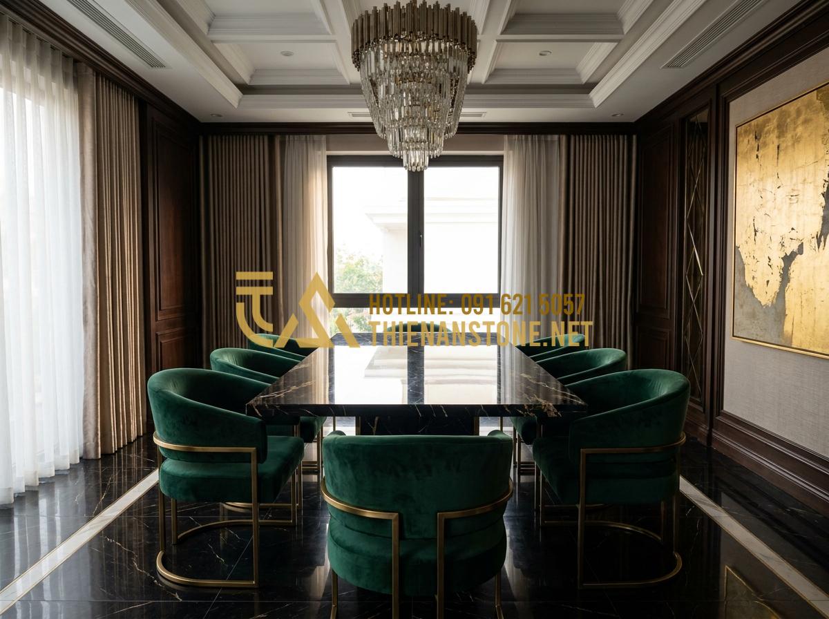 Top 5 Loại Đá Thạch Anh Làm Mặt Bàn Ăn Chống Trầy Xước Tốt Nhất - Tạo ảnh tiếng Anh: An ultra-luxury dining room showcasing a Calacatta Gold quart