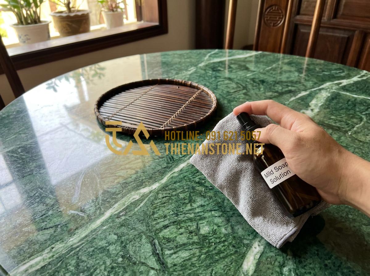 Top 5 Loại Đá Thạch Anh Làm Mặt Bàn Ăn Chống Trầy Xước Tốt Nhất - Tạo ảnh tiếng Anh: A person gently cleaning a shiny quartz stone dining table wi
