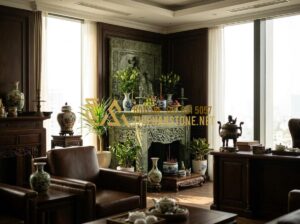 Top 50+ Mẫu Bàn Thờ Thần Tài Thổ Địa Bằng Đá Đẹp Đẳng Cấp & Chuẩn Phong Thủy 2026 - Tạo ảnh tiếng Anh: A luxurious interior scene of a high-end office with a majest