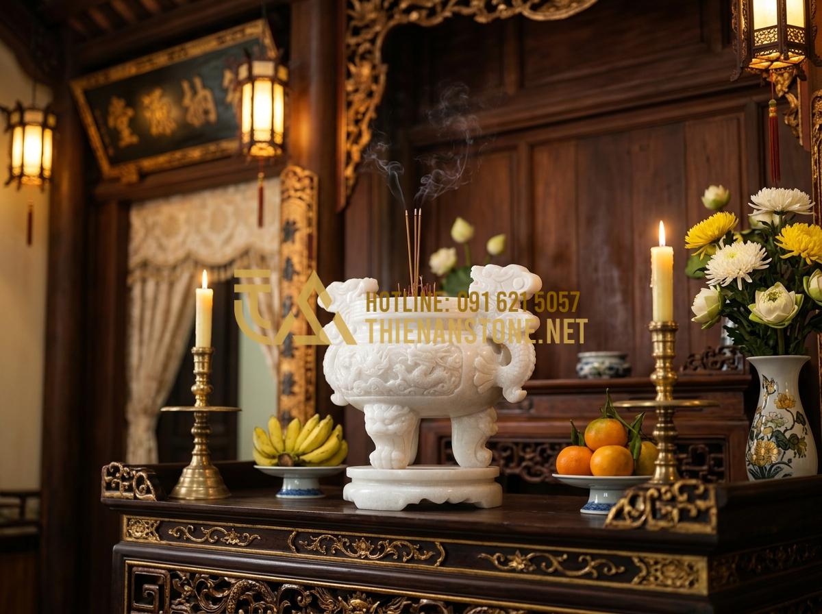 Top 50+ Mẫu Bát Hương Đá Đẹp & Chuẩn Phong Thủy Nhất Năm 2026 - Tạo ảnh tiếng Anh: A high-end, majestic indoor altar setup featuring a beautiful