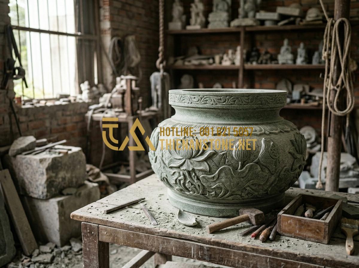 Top 50+ Mẫu Bát Hương Đá Đẹp & Chuẩn Phong Thủy Nhất Năm 2026 - Tạo ảnh tiếng Anh: A professional stone artisan in a workshop, meticulously carv