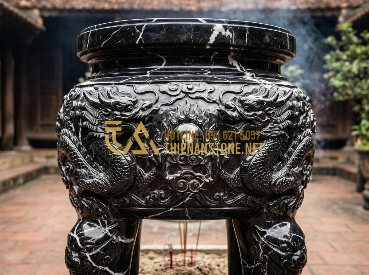 Top 50+ Mẫu Bát Hương Đá Đẹp & Chuẩn Phong Thủy Nhất Năm 2026 - Tạo ảnh tiếng Anh: Close-up detail of a stone incense burner showing the "Double