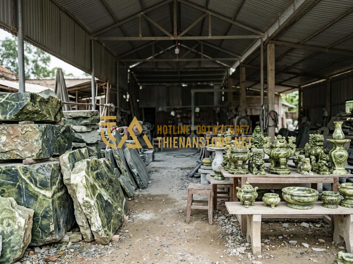 Top 50+ Mẫu Bát Hương Đá Đẹp & Chuẩn Phong Thủy Nhất Năm 2026 - Tạo ảnh tiếng Anh: A wide shot of Xưởng Đá Mỹ Nghệ Thiên An workshop in Phu Tho.
