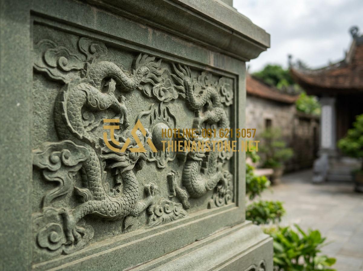 Top 50+ Mẫu Chiếu Rồng Đá Đẹp Nhất 2026 Cho Nhà Thờ Họ Và Đình Chùa - Hình 2 Top 50+ Mẫu Chiếu Rồng Đá Đẹp Nhất 2026 Cho Nhà Thờ Họ Và Đình Chùa - Tạo ảnh tiếng Anh: A close-up cinematic shot of a stone carving depicting 'Two D