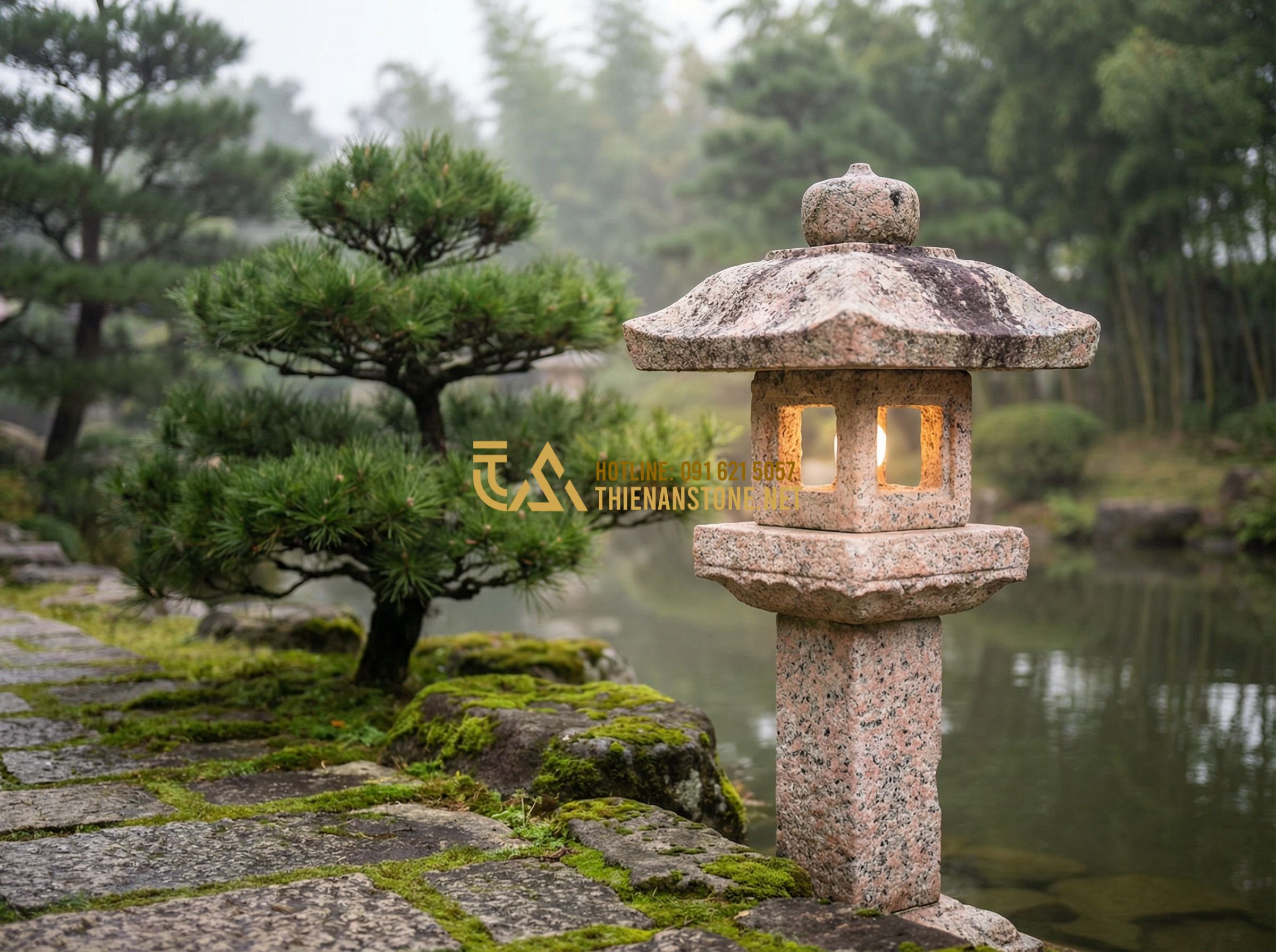 Top 50 Mẫu Đèn Đá Sân Vườn Đẹp Nhất Kiểu Nhật Bản 2024 - Create a professional image of a traditional Japanese garden at dusk, featuring