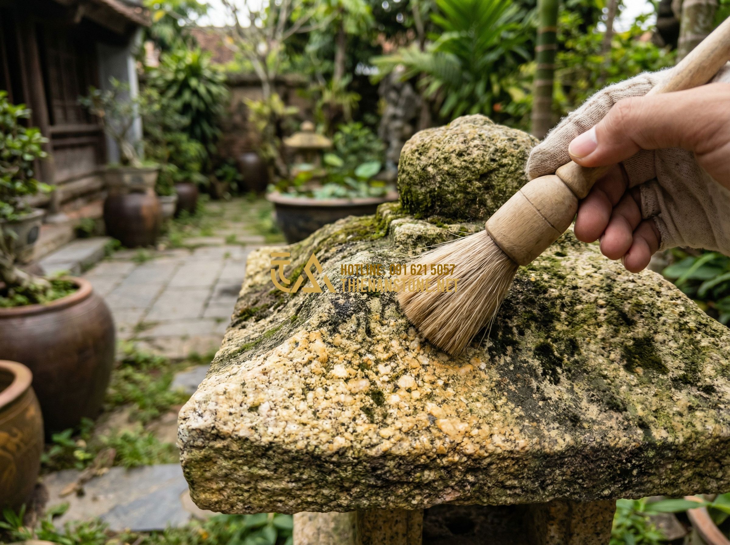Top 50 Mẫu Đèn Đá Sân Vườn Đẹp Nhất Kiểu Nhật Bản 2024 - A person using a soft brush to gently clean the surface of an ancient-looking st
