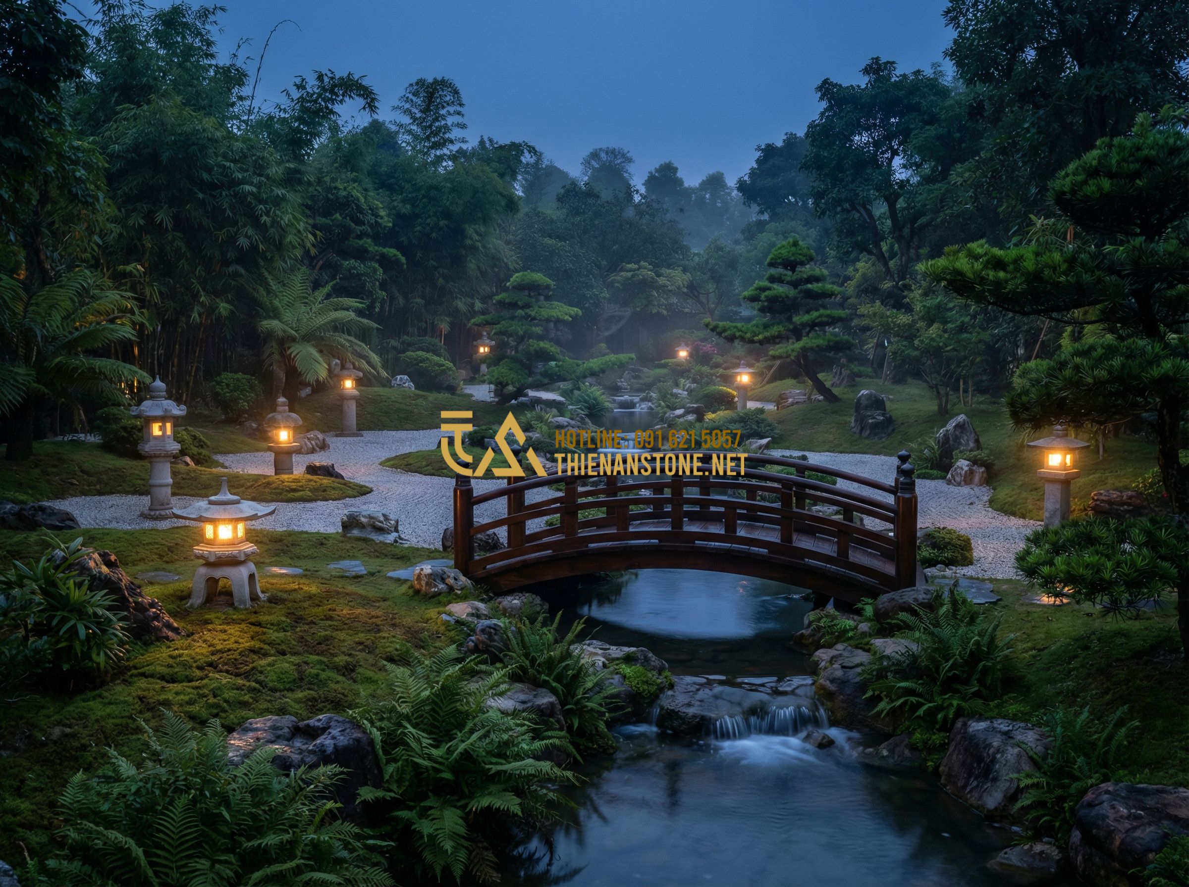Top 50 Mẫu Đèn Đá Sân Vườn Đẹp Nhất Kiểu Nhật Bản 2024 - A stunning final image of a complete Japanese Zen garden at night. Multiple ston