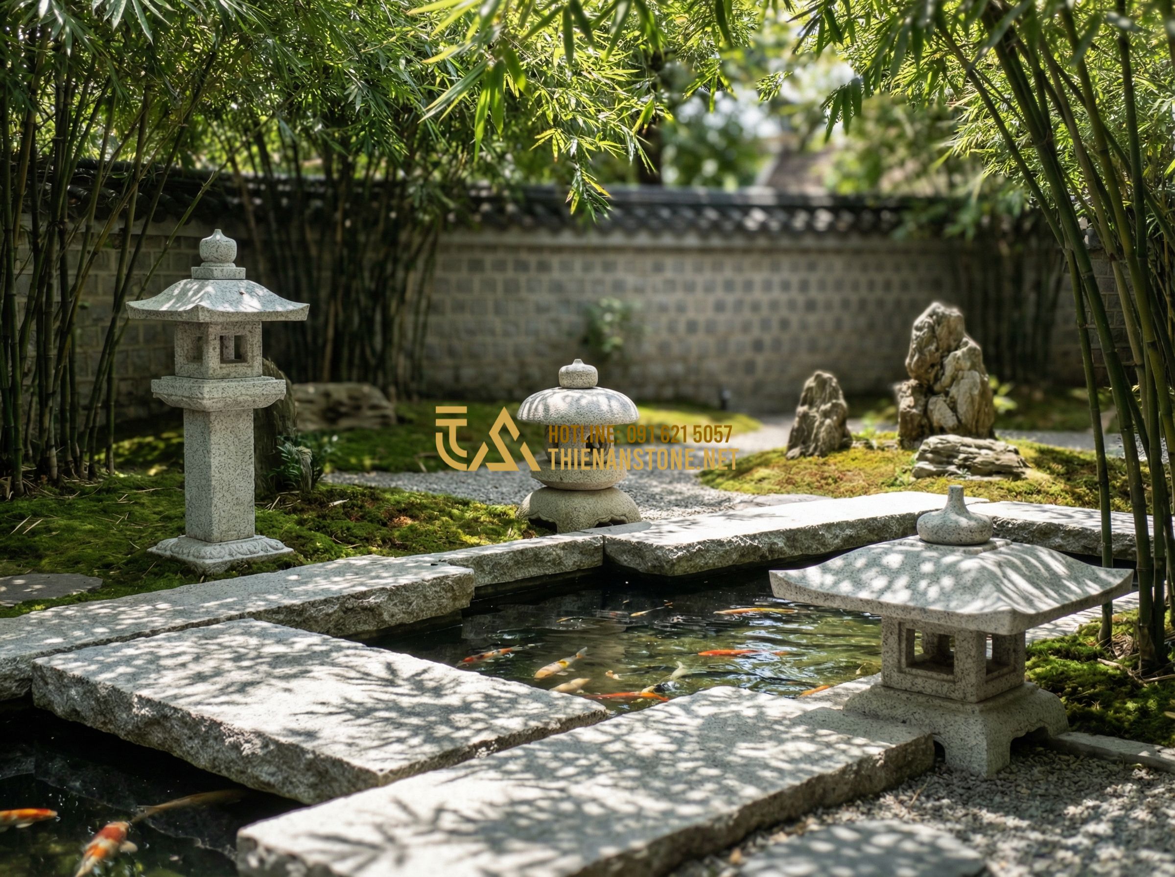 Top 50 Mẫu Đèn Đá Sân Vườn Đẹp Nhất Kiểu Nhật Bản 2024 - A wide-angle professional photography of a modern minimalist garden with three d
