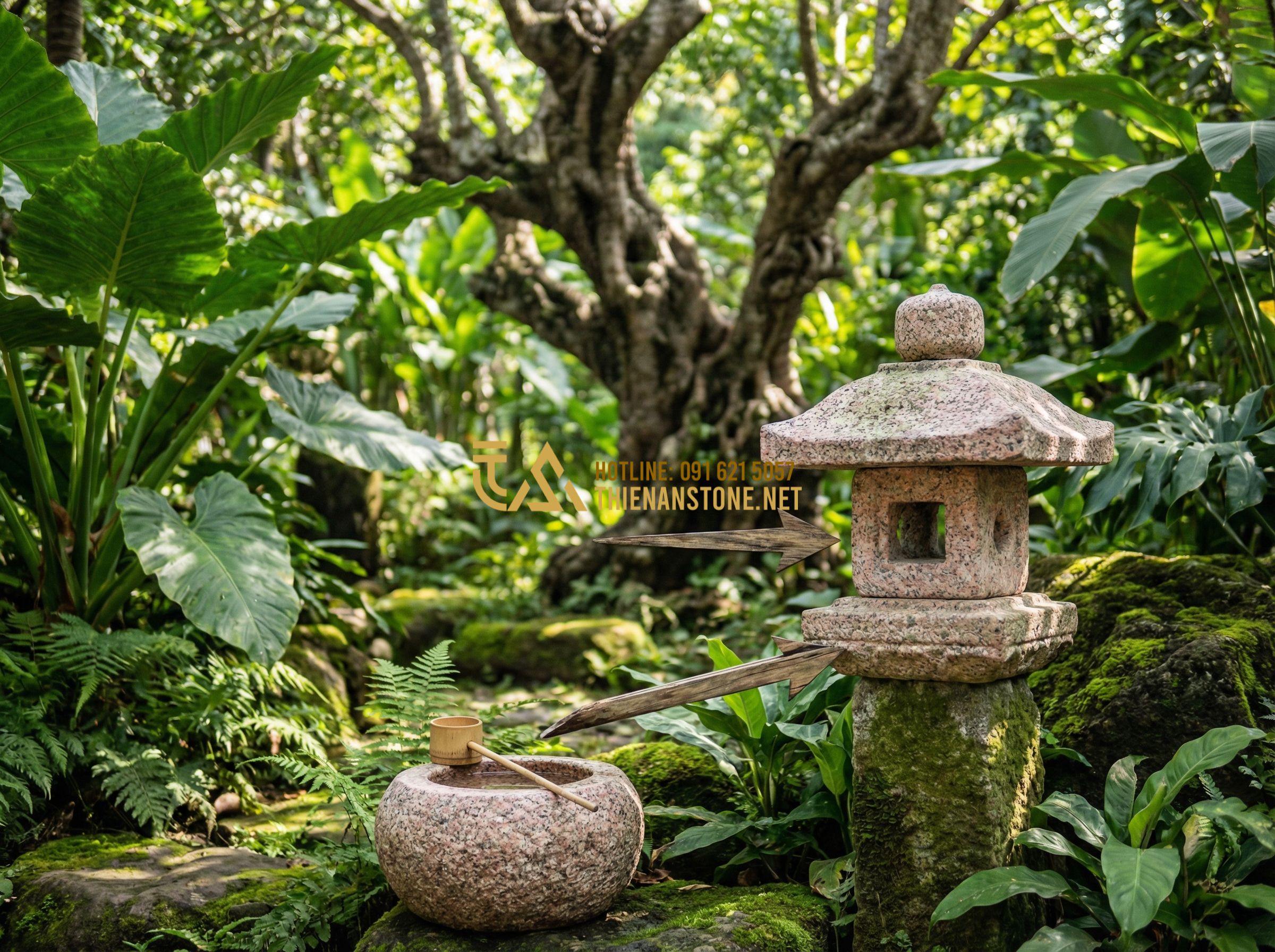 Top 50 Mẫu Đèn Đá Sân Vườn Đẹp Nhất Kiểu Nhật Bản 2024 - An infographic-style photo showing the correct placement of a stone lantern in a