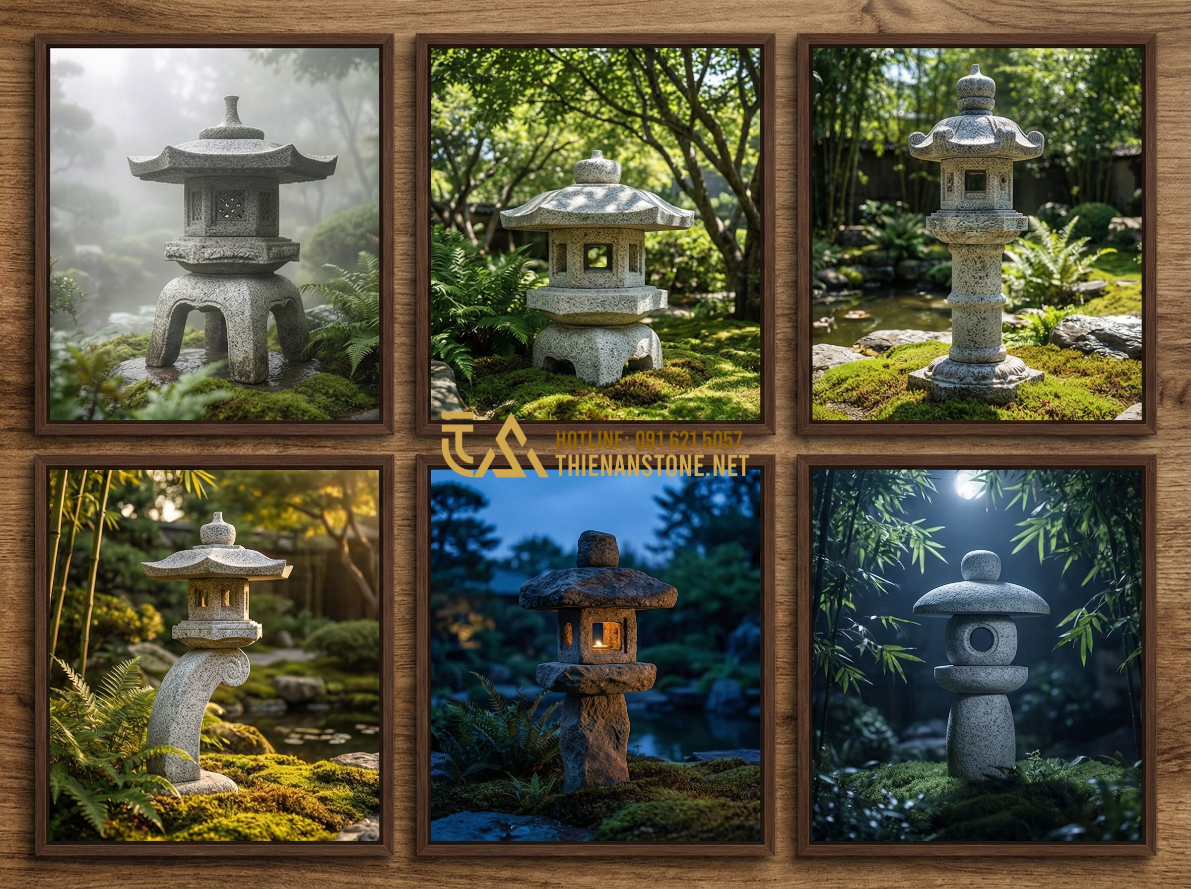 Top 50 Mẫu Đèn Đá Sân Vườn Đẹp Nhất Kiểu Nhật Bản 2024 - A high-resolution collage showing 6 distinct stone lantern designs from the Top
