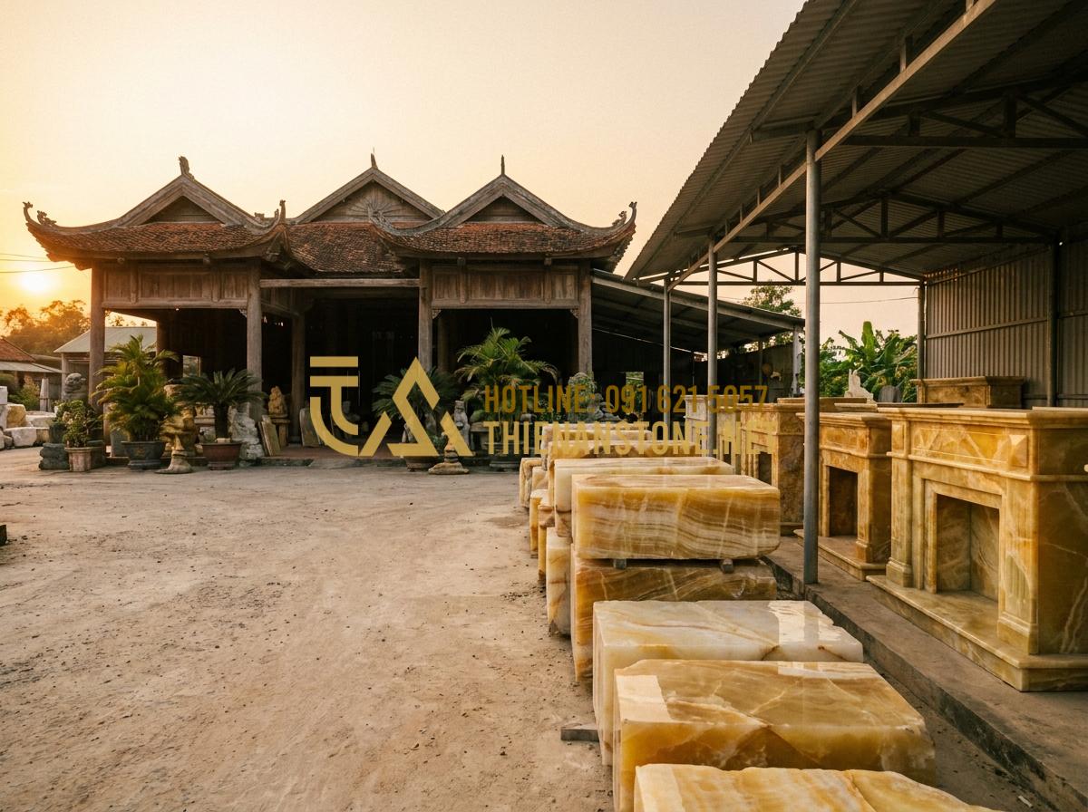 Top 50+ Mẫu Lò Sưởi Đá Tự Nhiên Đẹp, Đẳng Cấp Cho Biệt Thự 2026 - Tạo ảnh tiếng Anh: An expansive view of the Thien An Stone workshop exterior, fe
