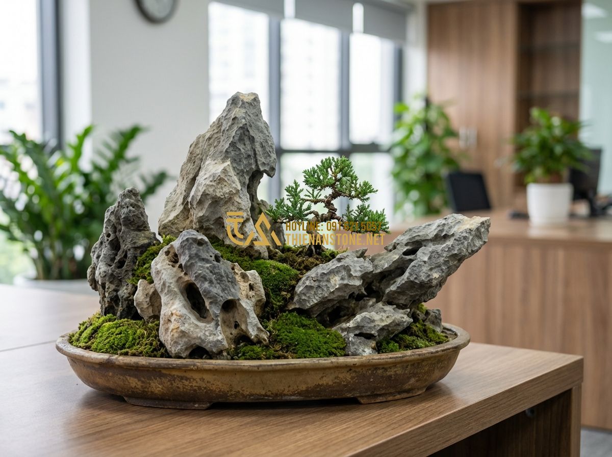 Top 7 Mẫu Tiểu Cảnh Đá Tai Mèo Mini Đẹp Bán Chạy Nhất Hiện Nay - Tạo ảnh tiếng Anh: A professional and artistic close-up of a mini landscape feat