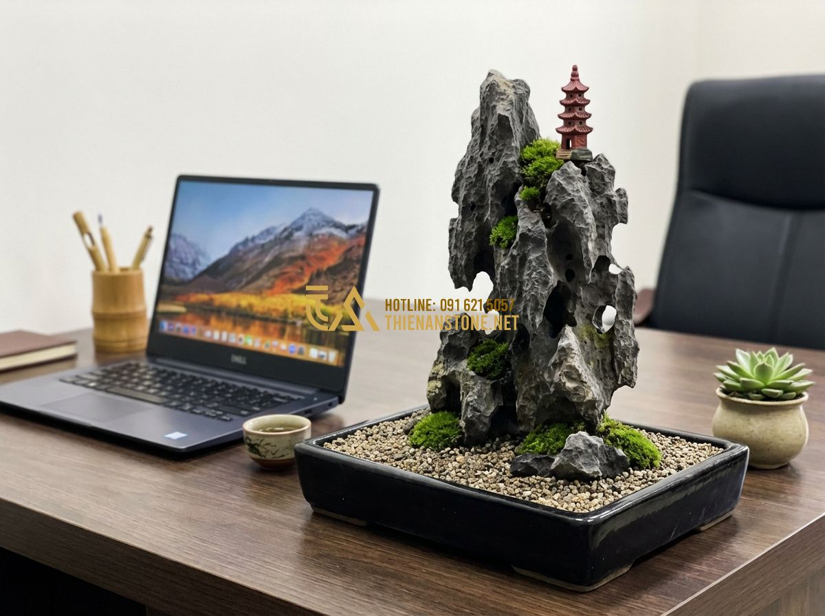 Top 7 Mẫu Tiểu Cảnh Đá Tai Mèo Mini Đẹp Bán Chạy Nhất Hiện Nay - Tạo ảnh tiếng Anh: A vertical mini landscape featuring a tall, jagged Tai Meo st