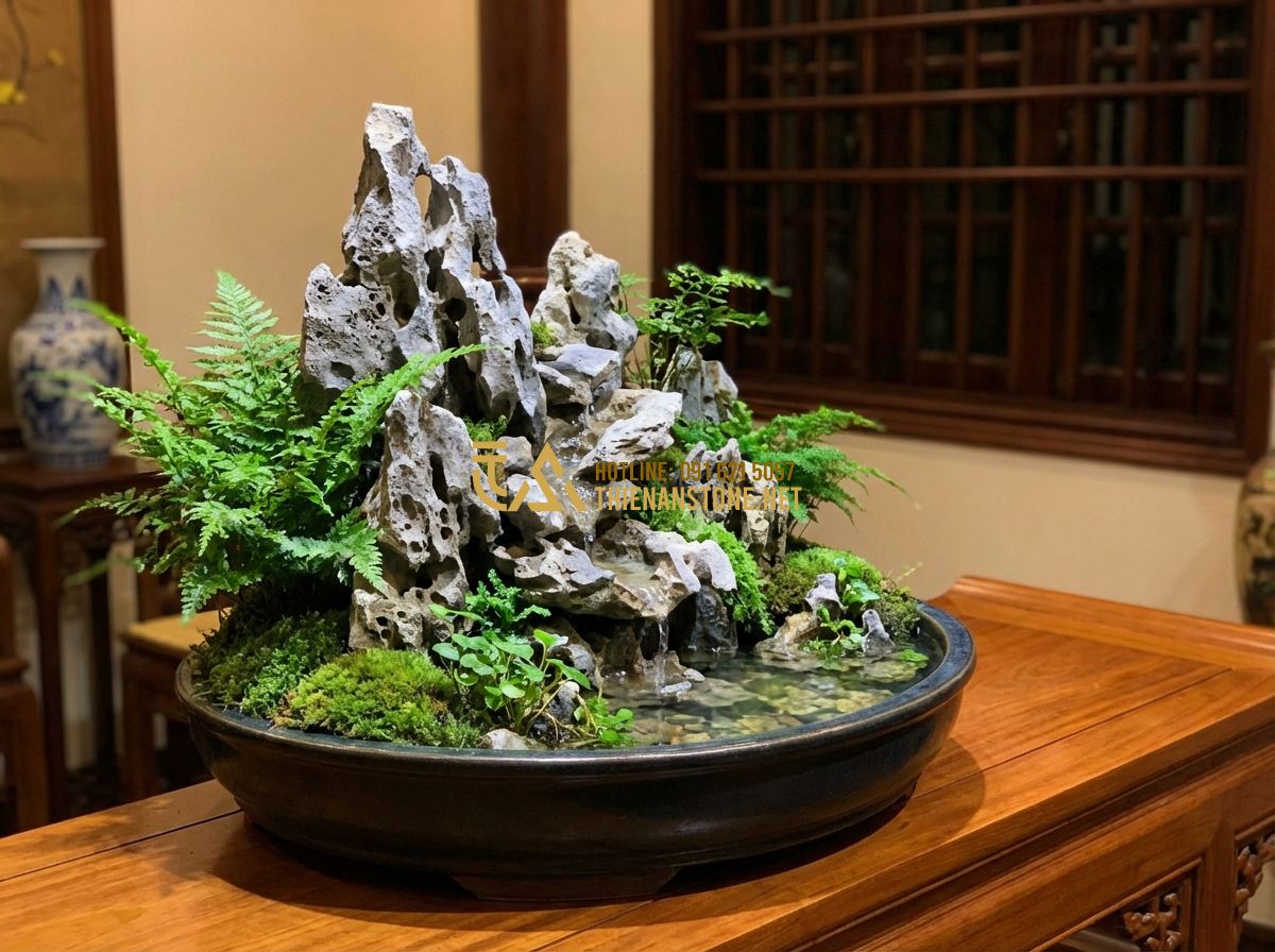 Top 7 Mẫu Tiểu Cảnh Đá Tai Mèo Mini Đẹp Bán Chạy Nhất Hiện Nay - Tạo ảnh tiếng Anh: A mini landscape model with Tai Meo stones arranged to form a