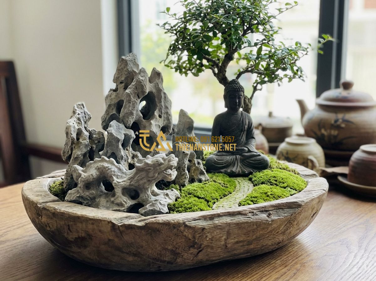 Top 7 Mẫu Tiểu Cảnh Đá Tai Mèo Mini Đẹp Bán Chạy Nhất Hiện Nay - Tạo ảnh tiếng Anh: A serene mini landscape with a small Buddha statue sitting in