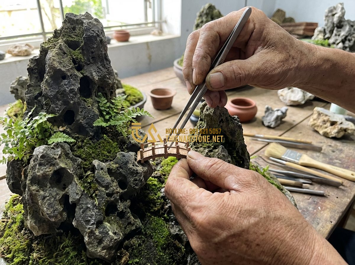 Top 7 Mẫu Tiểu Cảnh Đá Tai Mèo Mini Đẹp Bán Chạy Nhất Hiện Nay - Tạo ảnh tiếng Anh: A professional artisan's hands carefully placing a tiny minia