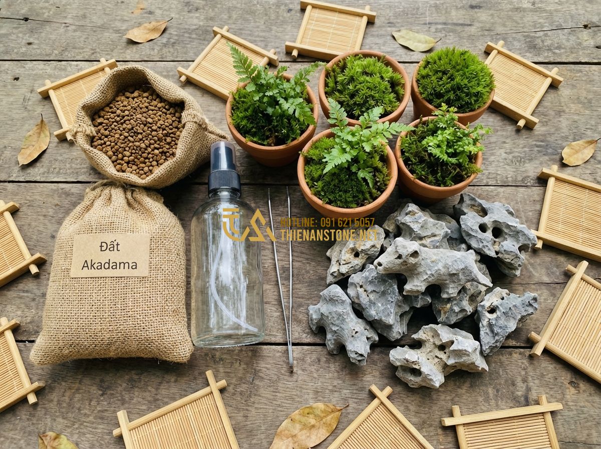 Top 7 Mẫu Tiểu Cảnh Đá Tai Mèo Mini Đẹp Bán Chạy Nhất Hiện Nay - Tạo ảnh tiếng Anh: An overhead view of a DIY starter kit for mini landscape maki