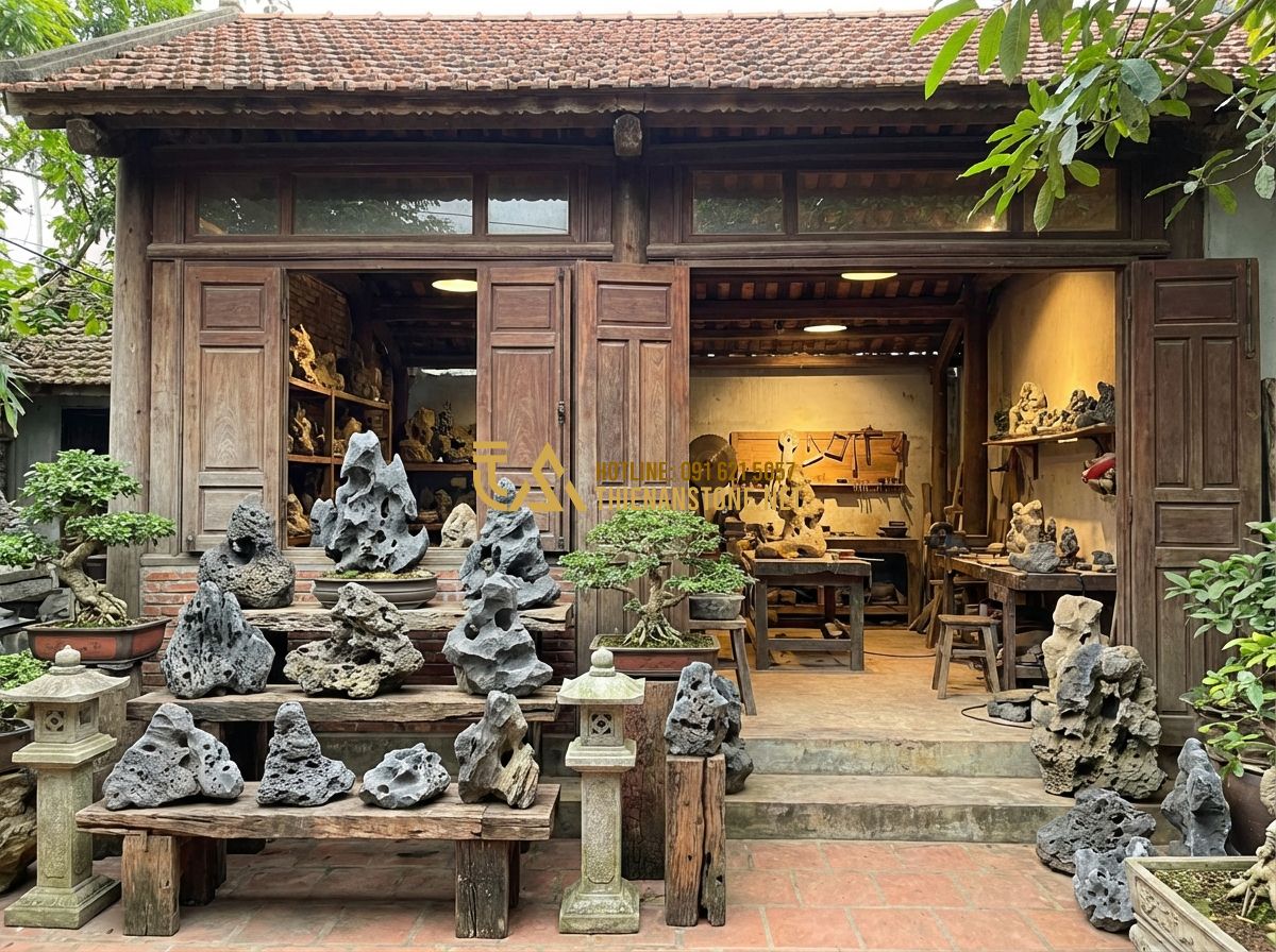 Top 7 Mẫu Tiểu Cảnh Đá Tai Mèo Mini Đẹp Bán Chạy Nhất Hiện Nay - Tạo ảnh tiếng Anh: A professional storefront and workshop of 'Thien An Stone Art