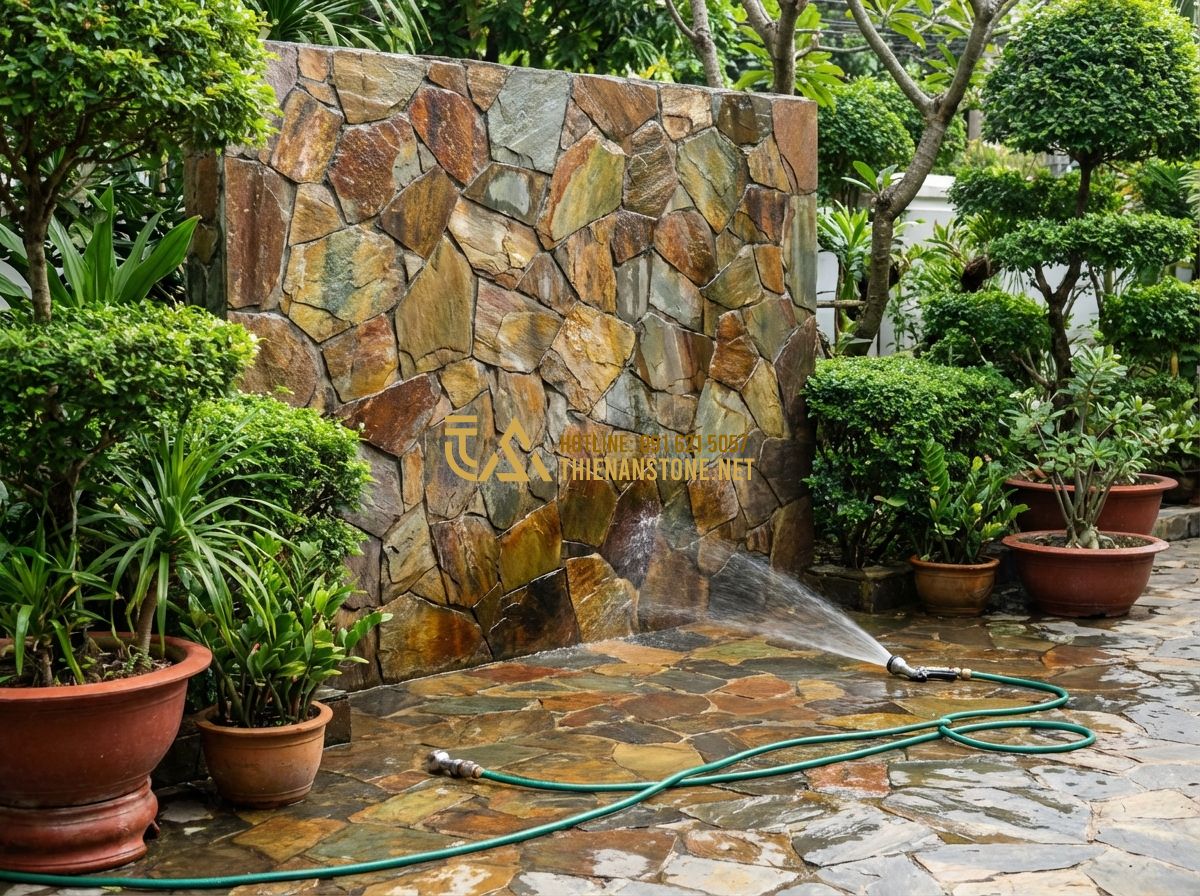 Top 80 Mẫu Đá Răng Lược Ốp Tường Đẹp Nhất 2026 Cho Nhà Phố & Biệt Thự - Tạo ảnh tiếng Anh: A maintenance scene showing a homeowner gently cleaning an ou
