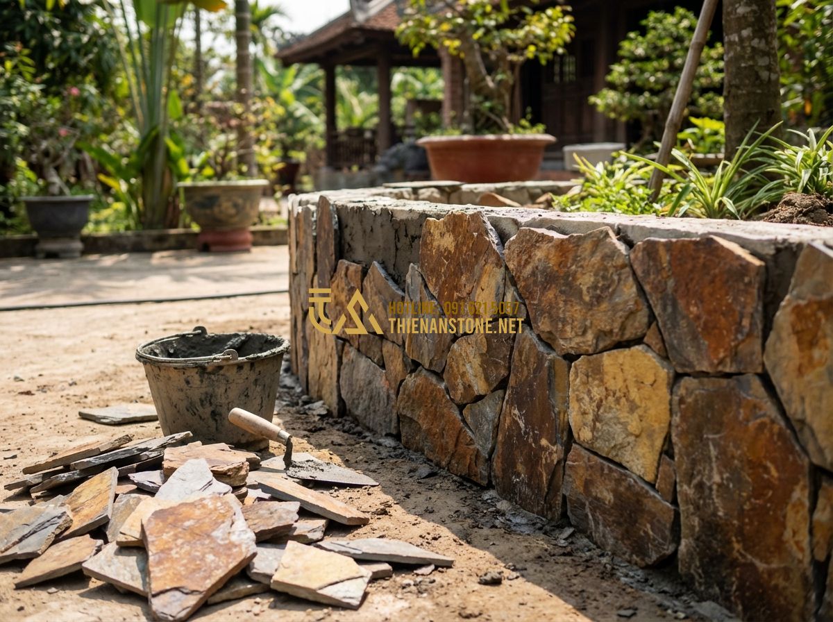 Top 80 Mẫu Đá Rối Đẹp Nhất 2026 Dùng Để Ốp Tường Và Lát Sân - Hình 6 Top 80 Mẫu Đá Rối Đẹp Nhất 2026 Dùng Để Ốp Tường Và Lát Sân - Tạo ảnh tiếng Anh: Professional construction workers carefully installing irregu