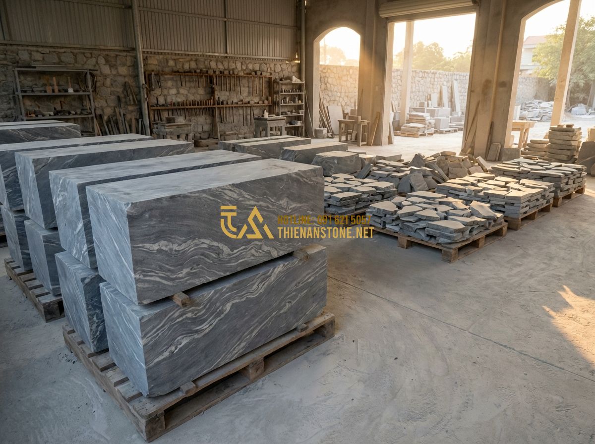 Top 80 Mẫu Đá Rối Đẹp Nhất 2026 Dùng Để Ốp Tường Và Lát Sân - Hình 7 Top 80 Mẫu Đá Rối Đẹp Nhất 2026 Dùng Để Ốp Tường Và Lát Sân - Tạo ảnh tiếng Anh: A wide shot of a traditional stone masonry workshop, large bl