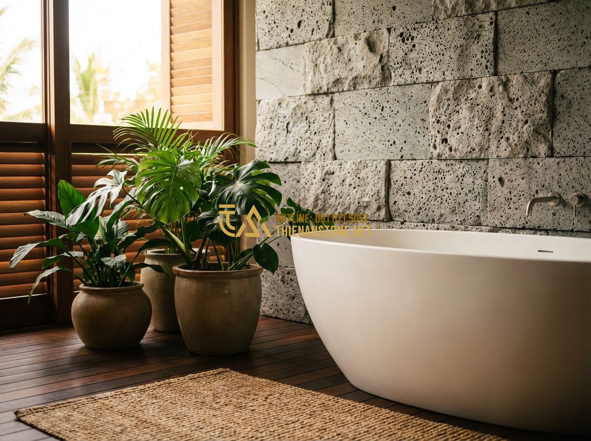 Top 80 Mẫu Đá Rối Đẹp Nhất 2026 Dùng Để Ốp Tường Và Lát Sân - Hình 8 Top 80 Mẫu Đá Rối Đẹp Nhất 2026 Dùng Để Ốp Tường Và Lát Sân - Tạo ảnh tiếng Anh: A modern luxury bathroom design featuring a bathtub next to a