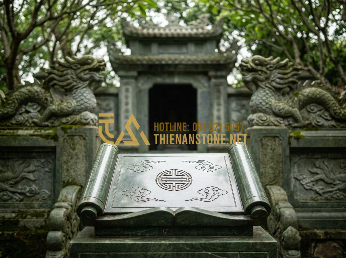 Top 99+ Mẫu Cuốn Thư Đá Đẹp Chuẩn Phong Thủy Cho Lăng Mộ Năm 2026 - Hình 1 Top 99+ Mẫu Cuốn Thư Đá Đẹp Chuẩn Phong Thủy Cho Lăng Mộ Năm 2026 - High-resolution photo of a traditional Vietnamese stone tomb scroll book made fr