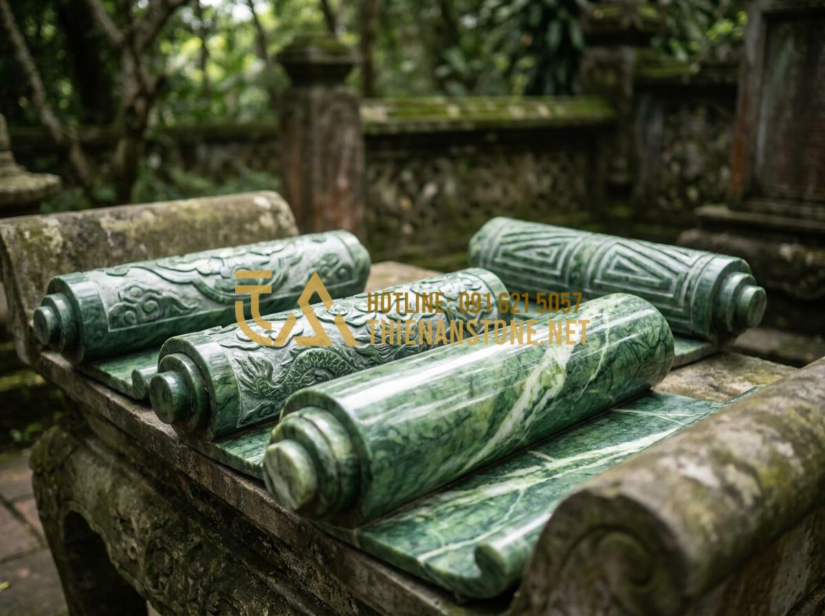 Top 99+ Mẫu Cuốn Thư Đá Đẹp Chuẩn Phong Thủy Cho Lăng Mộ Năm 2026 - Hình 10 Top 99+ Mẫu Cuốn Thư Đá Đẹp Chuẩn Phong Thủy Cho Lăng Mộ Năm 2026 - Multiple styles of decorative stone book scrolls for tombs, displaying rolled de