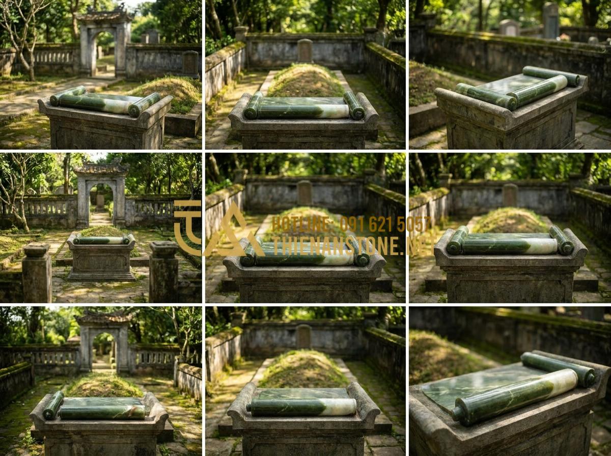 Top 99+ Mẫu Cuốn Thư Đá Đẹp Chuẩn Phong Thủy Cho Lăng Mộ Năm 2026 - Hình 12 Top 99+ Mẫu Cuốn Thư Đá Đẹp Chuẩn Phong Thủy Cho Lăng Mộ Năm 2026 - Professional placement examples of stone scrolls in various tomb layouts, demons