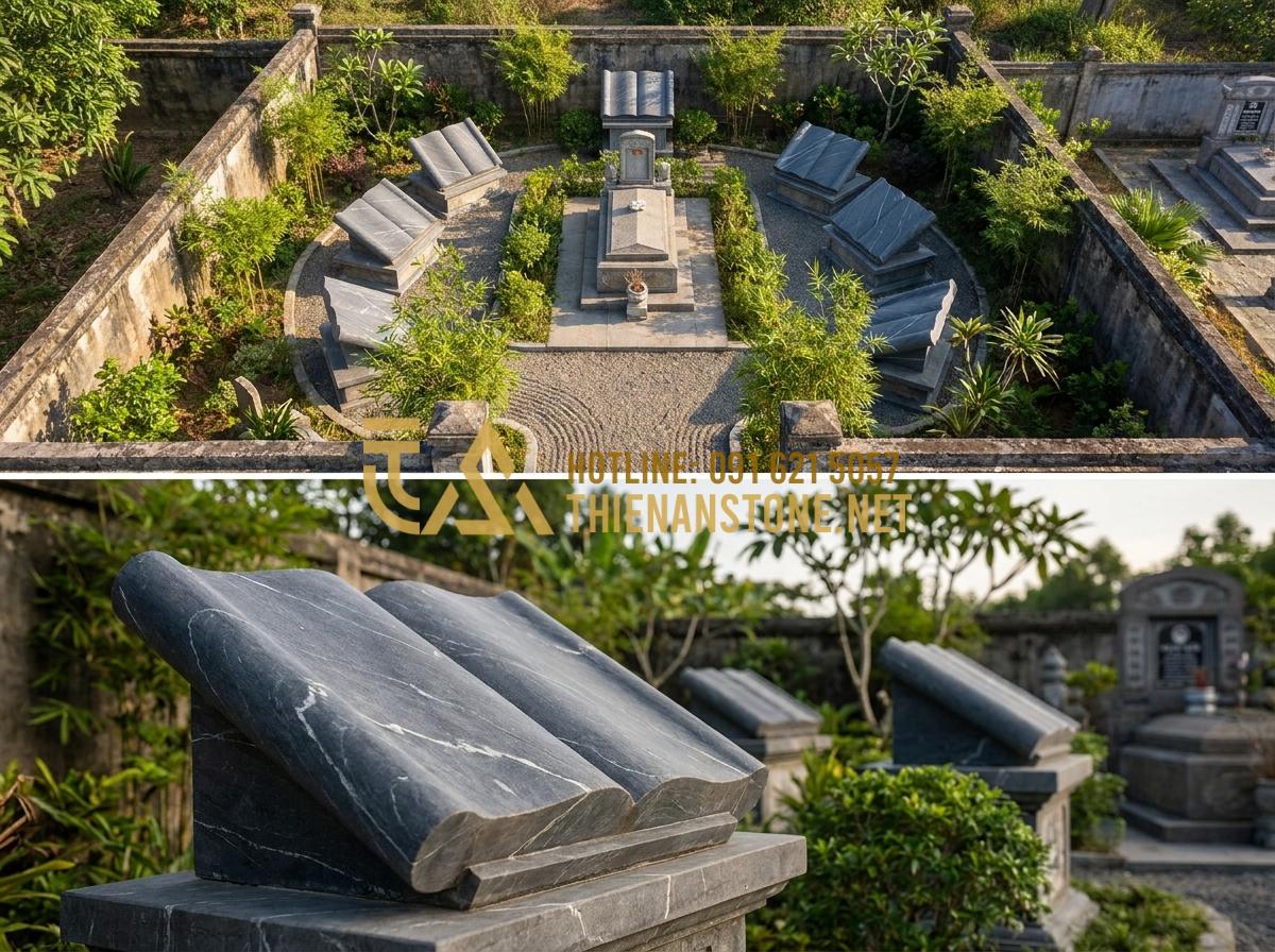 Top 99+ Mẫu Cuốn Thư Đá Đẹp Chuẩn Phong Thủy Cho Lăng Mộ Năm 2026 - Hình 14 Top 99+ Mẫu Cuốn Thư Đá Đẹp Chuẩn Phong Thủy Cho Lăng Mộ Năm 2026 - Aerial and ground level views of correctly placed stone book scrolls in family b