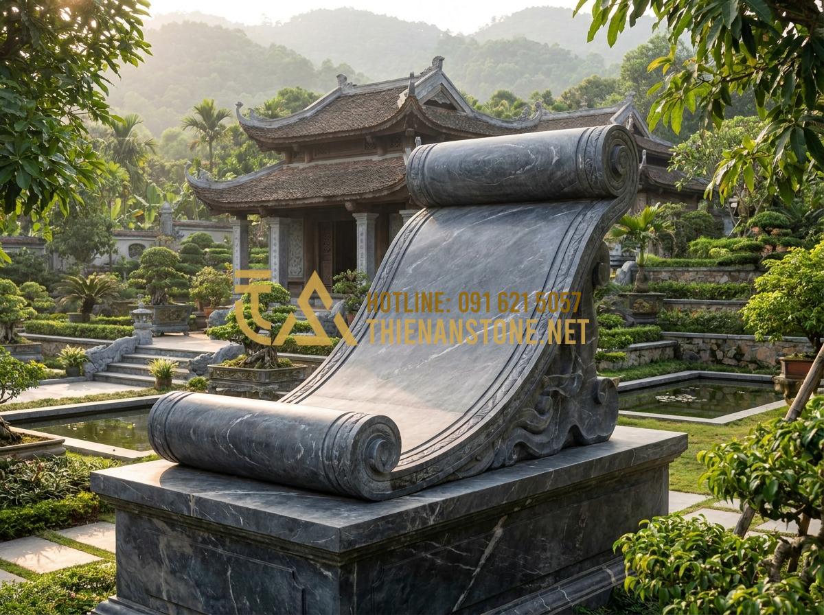 Top 99+ Mẫu Cuốn Thư Đá Đẹp Chuẩn Phong Thủy Cho Lăng Mộ Năm 2026 - Hình 20 Top 99+ Mẫu Cuốn Thư Đá Đẹp Chuẩn Phong Thủy Cho Lăng Mộ Năm 2026 - Final overview of a completed high-end stone scroll installation in a luxurious