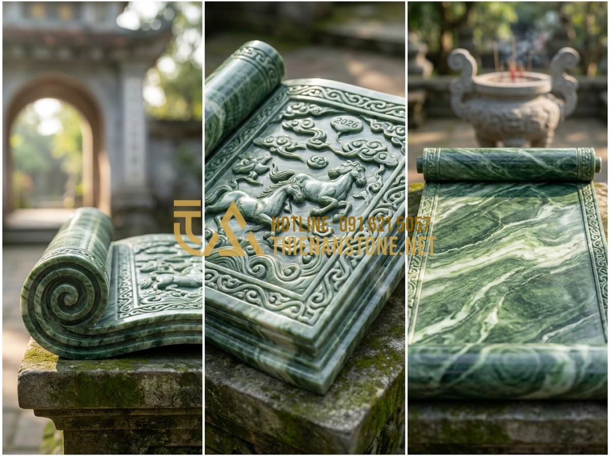 Top 99+ Mẫu Cuốn Thư Đá Đẹp Chuẩn Phong Thủy Cho Lăng Mộ Năm 2026 - Hình 4 Top 99+ Mẫu Cuốn Thư Đá Đẹp Chuẩn Phong Thủy Cho Lăng Mộ Năm 2026 - Artistic rendering of a high-end stone book scroll for mausoleum with 2026 zodia