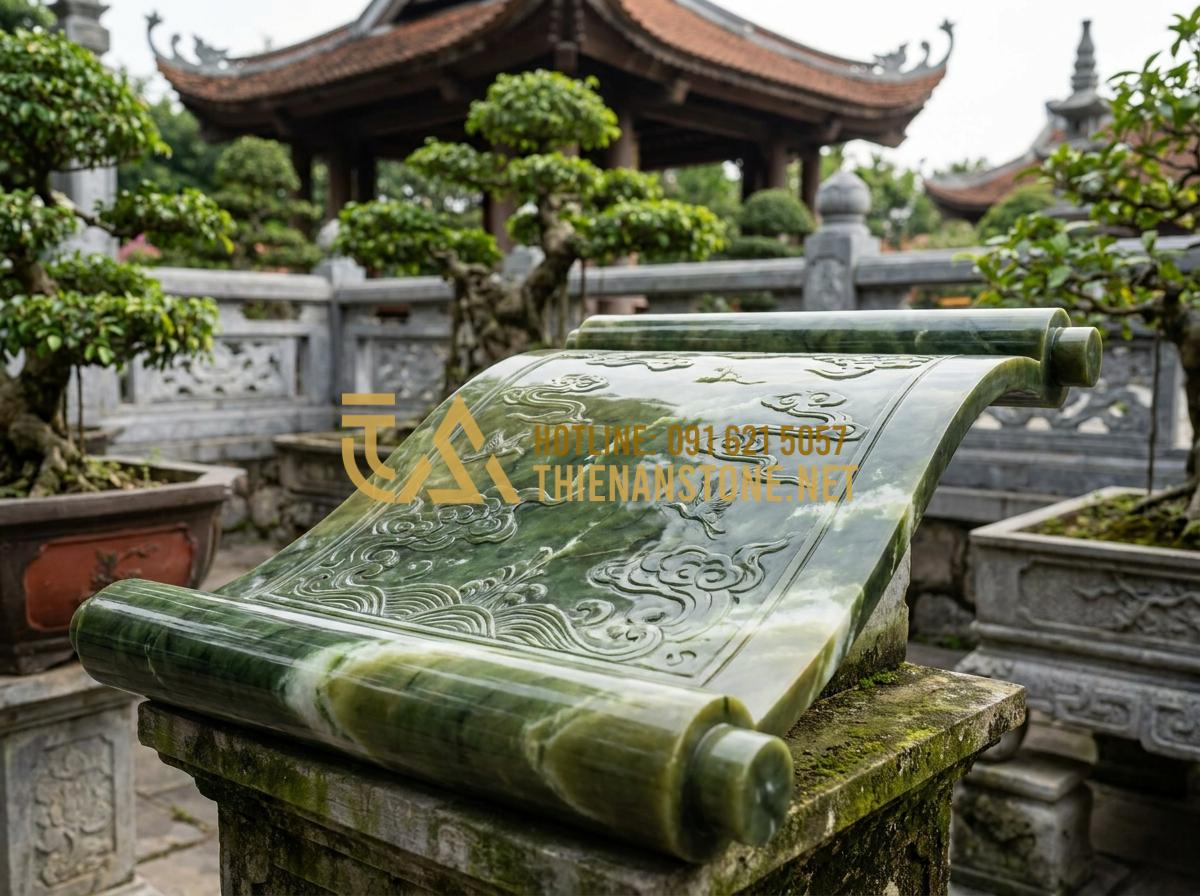 Top 99+ Mẫu Cuốn Thư Đá Đẹp Chuẩn Phong Thủy Cho Lăng Mộ Năm 2026 - Hình 6 Top 99+ Mẫu Cuốn Thư Đá Đẹp Chuẩn Phong Thủy Cho Lăng Mộ Năm 2026 - Professional photo of a perfectly proportioned stone scroll meeting all feng shu