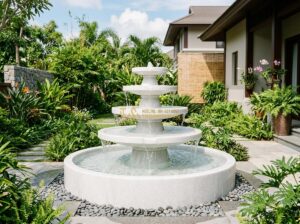 Top Đài Phun Nước Đá Trắng & Đá Cẩm Thạch Sang Trọng Dành Cho Không Gian Hiện Đại - Elegant white marble water fountain with multiple tiers cascading water in a sle